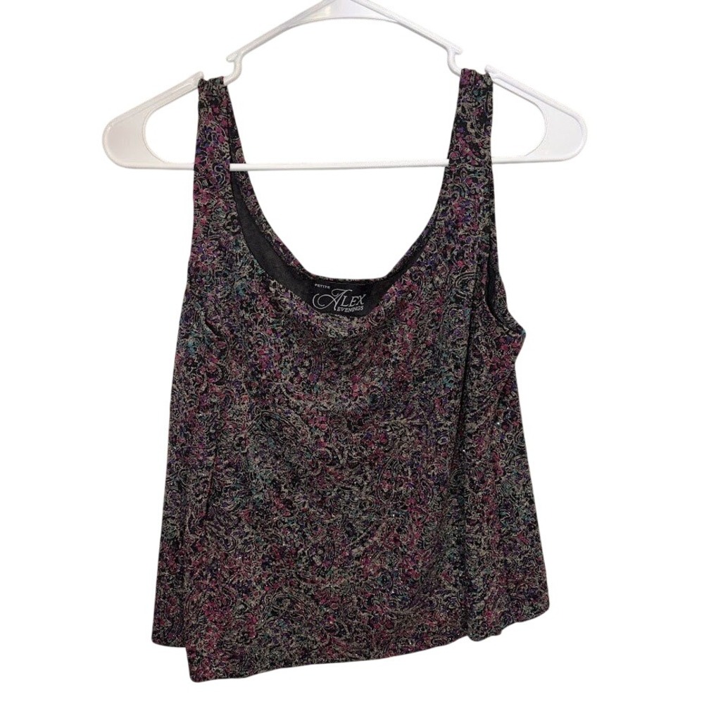 Alex Evenings Petite XLP Metallic Paisley Cowl Neck Sleeveless Blouse Purple Top